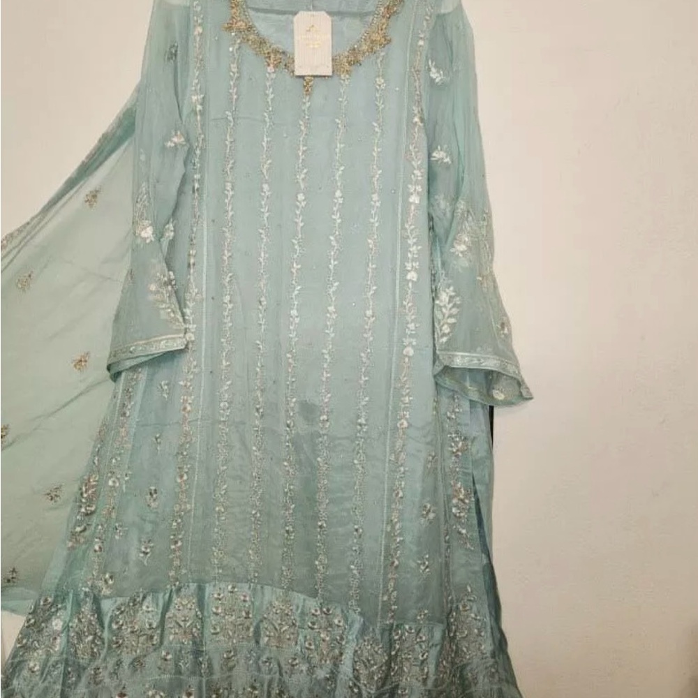 Agha Noor 3 Piece Shalwar, Kameez, and Dupatta Large Size Sea Green Color